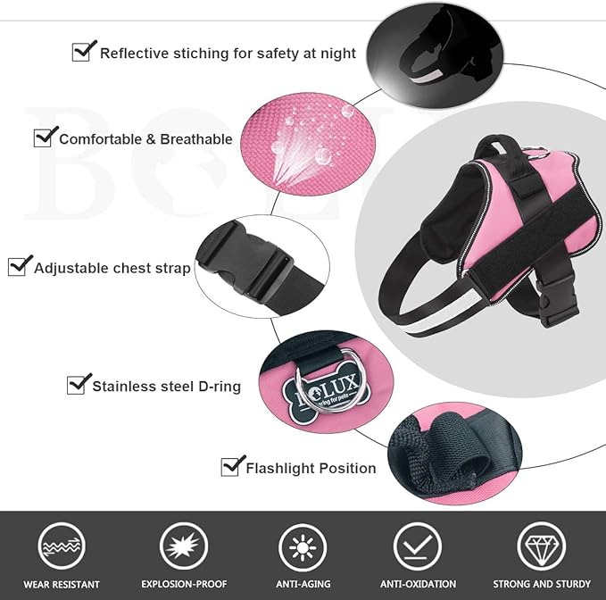Bolux Dog Harness, No-Pull Reflective Dog Vest, Breathable Adjustable Pet Harness with Handle for Outdoor Walking - No More Pulling, Tugging or Choking (Pink, XS)