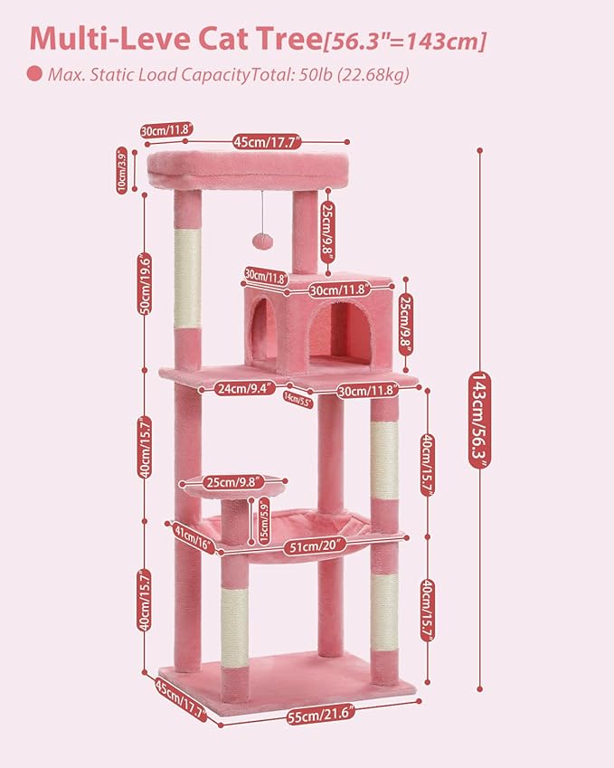 Cat Tree for Large Cats with Metal Plush Big Hammock, 56.3" Cat Tower for Indoor Cats with 2 Door Condo House, 6-Tier Cat Shelves with Scratching Posts and Large Top Perch, Pink