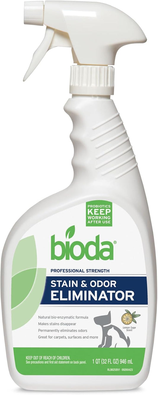 Bioda Commercial Strength Enzymatic Stain & Odor Eliminator for Pets | Industrial-Grade Formula Removes Dog and Cat Urine | USA Made Carpet Spot Cleaner | 32oz Sprayer
