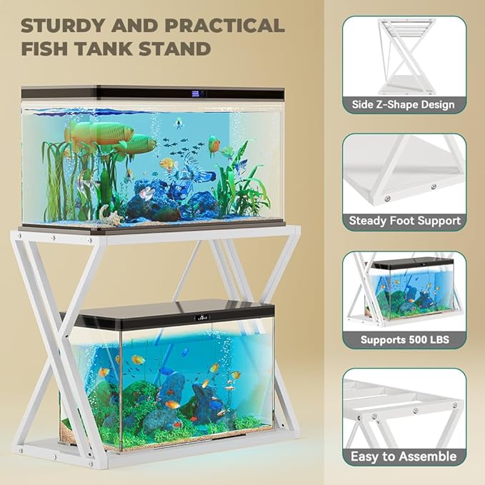 YITAHOME 10-40 Gallon Fish Tank Stand, Double-Layer Metal Aquarium Stand for Reptile Turtle Terrarium Breeder, White