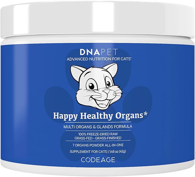 Happy Healthy Organs & Glands Supplement For Cats, Freeze-Dried Raw Bovine Liver Grass-Fed Bone Marrow Heart Kidney Pancreas, Bovine Thymus Iron Multi Organ Powder, Joints Cat Vitamins 1.48 oz