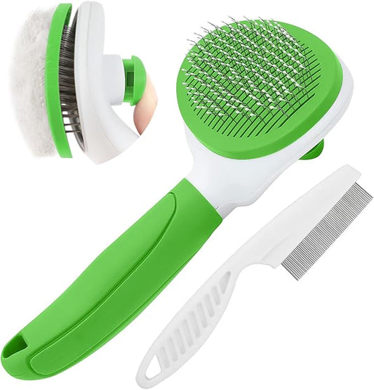 Cat Brushes for Indoor Cats, Dog Brush for Shedding with Metal Cat Comb, Self Cleaning Pet Hair Brush with Release Button for Grooming Kitten(Green)