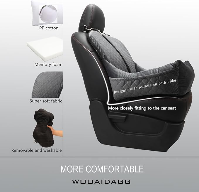 Dog Car Seat,Fully Detachable and Washable Cover,Easy to Assemble,Comfy Cushion Fill in Memory Foam,2 Clip-On Safety Leashes and Storage Pockets (Grey)