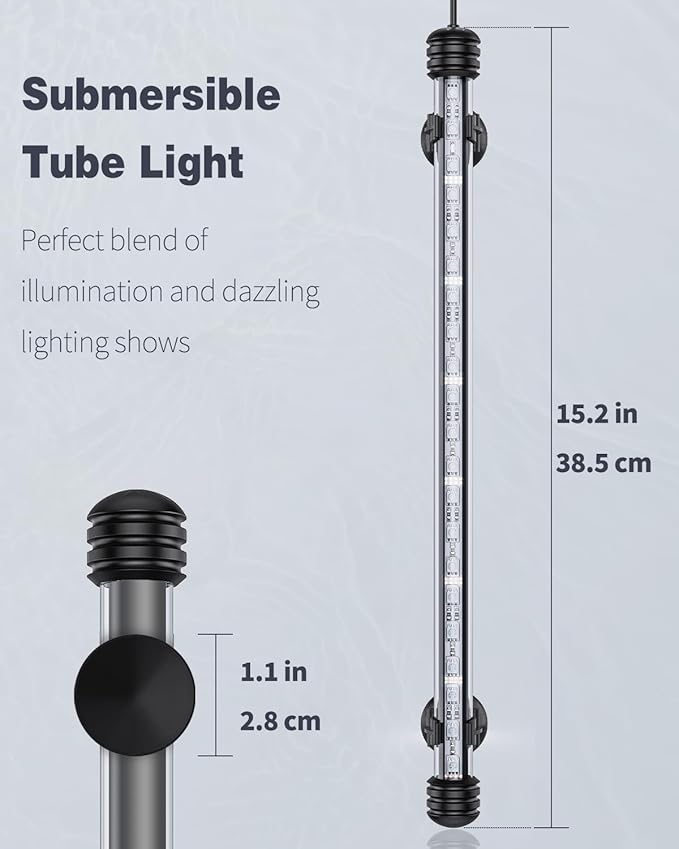 Pawfly 4.2 W Aquarium LED Light 15.2 Inch Underwater Fish Tank Light with Timer Auto On/Off Fish Tank Background Light with 8 Lighting Modes Submersible Multi-Colored Tube Light for Decoration
