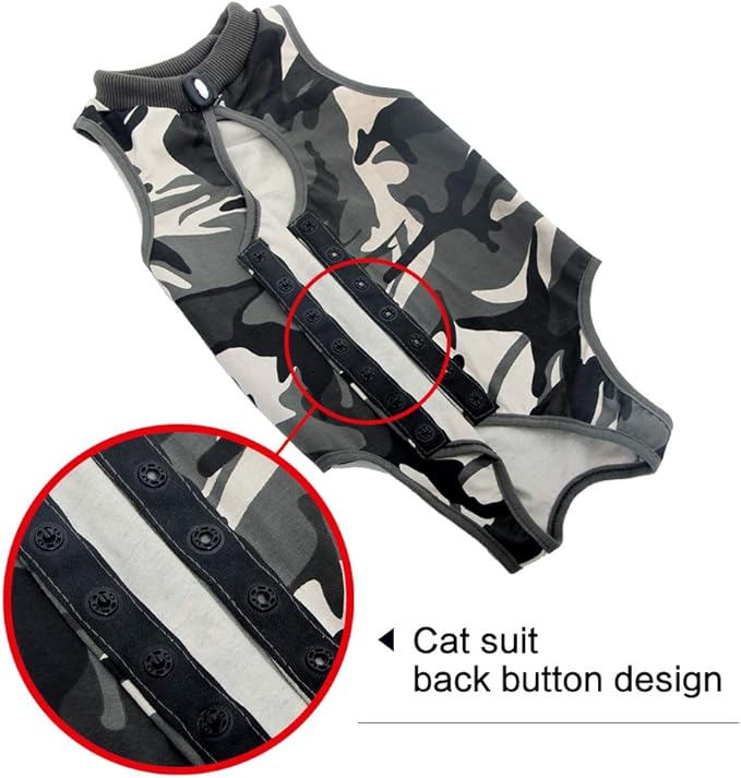 DOTON Cat Recovery Suit for Male and Female Surgical Post Surgery Soft Cone Onesie Shirt Clothes Neuter Licking Protective Diapers Outfit Cover Kitten Spay Collar(L, Camouflage)