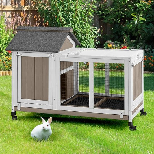 38''L Rabbit Hutch Outdoor Indoor with Wheels, Wooden Expandable 2 Story Bunny House Rabbit Cage with Run, Waterproof Roof, Pull Out Tray, Guinea Pig Cage Chicken Coop for Small to Medium Pets