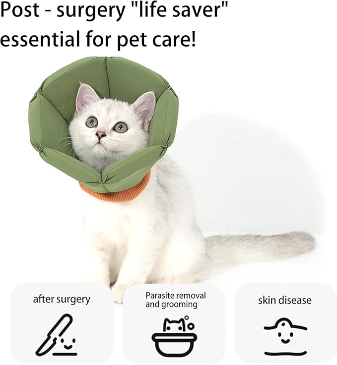 Cat Cone Collar - Soft Waterproof Elizabethan for Cats, Cute Green Flower Anti-Lick Recovery Collar, Adjustable Healing Collar for Wound Care & Surgery with a pet Toy Fish，S