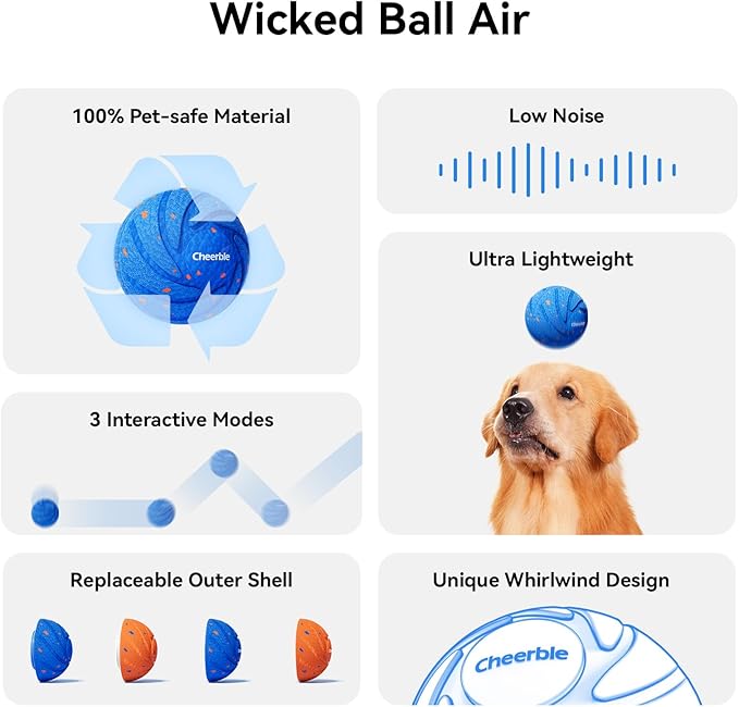 Cheerble Smart Interactive Dog Toy, Wicked Ball AIR, Automatic Moving, Bouncing, and Rotating, E-TPU Material, IPX7 Waterproof Rating, Active Rolling Ball for Medium and Large Dogs