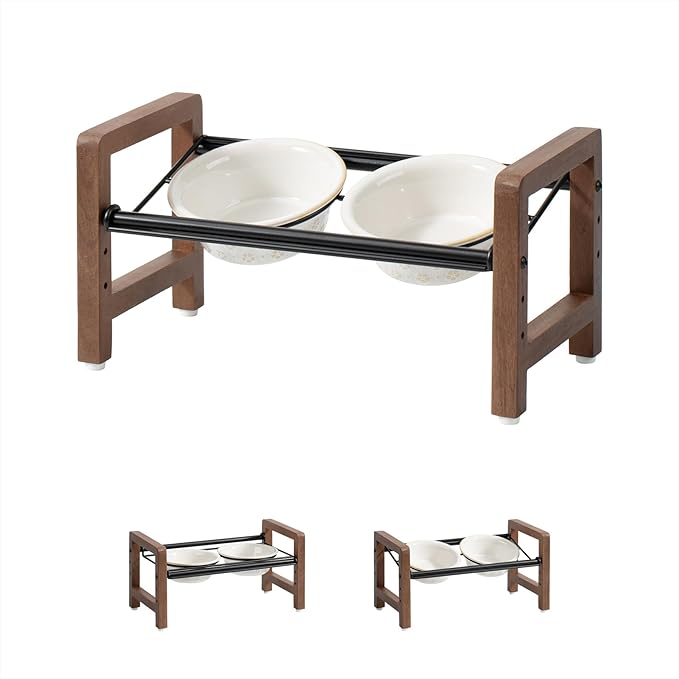 5.5inch Ceramic Adjustable Raised Double Bowls Set with Stand, 3 Heights Elevated, 2 Placement Options,Food and Water Dishes for Puppy, Cats（Double Bowls+Stand, Reactived Glaze -White