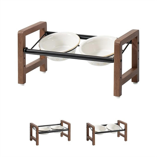 5.5inch Ceramic Adjustable Raised Double Bowls Set with Stand, 3 Heights Elevated, 2 Placement Options,Food and Water Dishes for Puppy, Cats（Double Bowls+Stand, Reactived Glaze -White