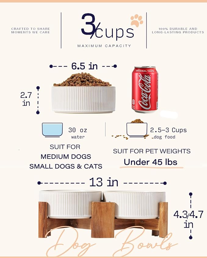 Getstar Ceramic Dog Bowls with Acacia Wood Stand, 30 fl oz, Set of 2, Dog Food Bowl, Cat Bowls (6.5 inches) (Vintage White)
