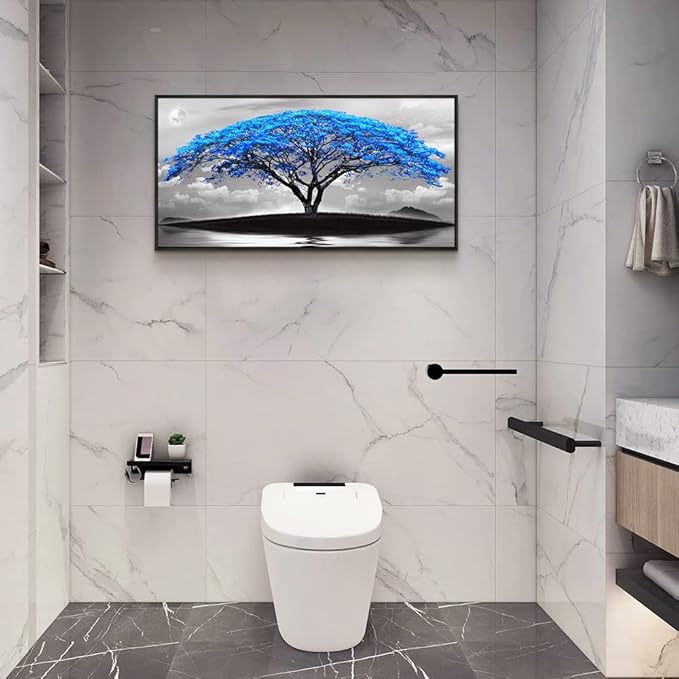 Framed Canvas Wall Art For Living Room Large Size Office Wall Decor Bedroom Decor Wall Pictures Artwork Black And White Landscape Blue Tree Moon Wall Painting Home Decorations Black Frame 20" X 40"