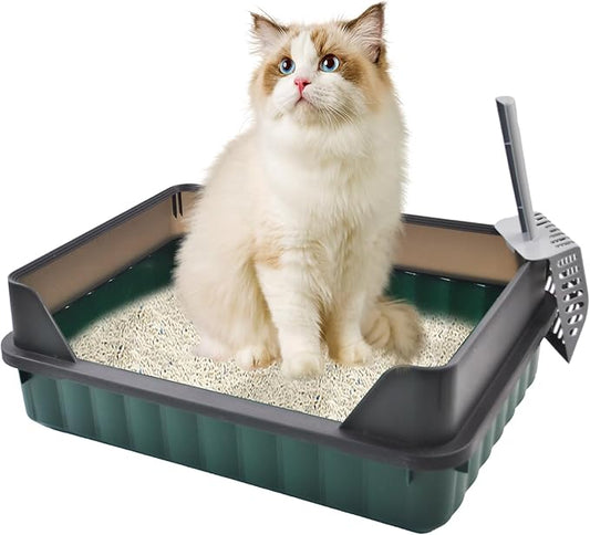 Cat Litter Boxes Large,Kitty Litter Box Low Entry High Sides,Semi Enclosed Front Entry Cat Pan Anti-Splashing Detachable Kitten Toilet with Scoop (Green)