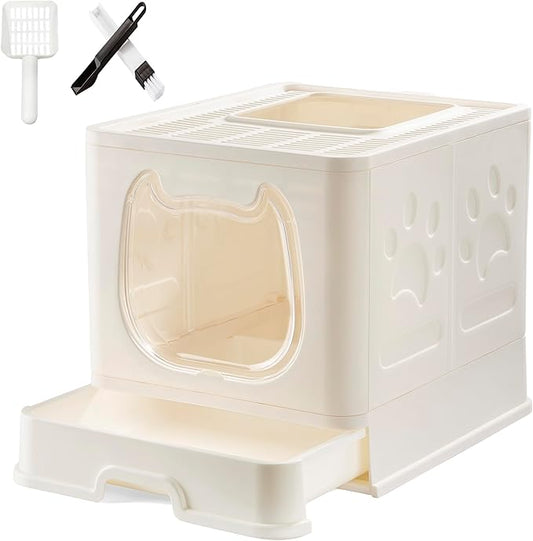 Gefryco Foldable Cat Litter Box with Lid,Covered Litter Box for Small and Medium Cats, Enclosed Cat Potty with Scoop and Brush, Top Entry Cute Kitten Litter Tray with Drawer and Top Cover(White)