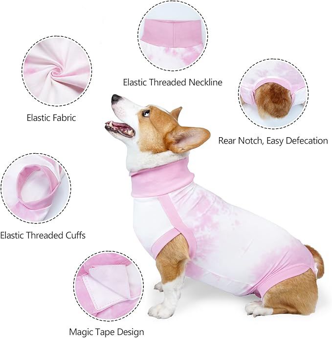 Breathable Dog Recovery Suit for Medium Large Dogs Onesie Tie Dye Pjs for Abdominal Wounds, Shedding, Prevent Licking S Pink2