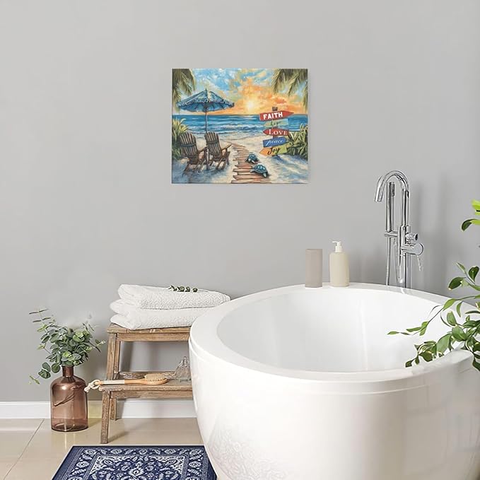Beach Ocean Bathroom Pictures Wall Art, Seaside Coastal Bathroom Wall Decor, Sunrise Framed Painting Canvas Artwork for Bedroom Living Room Decorations 24"L x 20"W