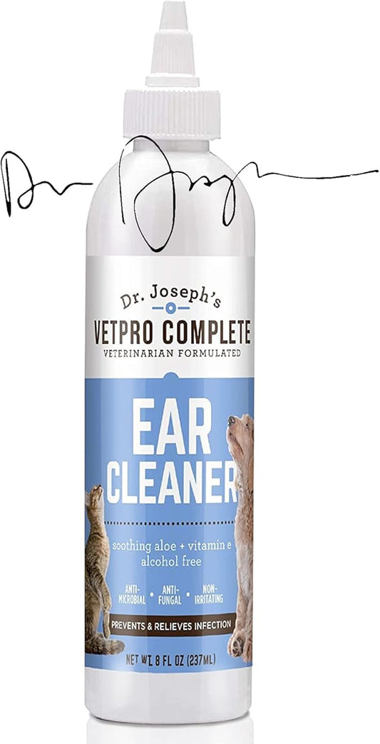 VetPro Complete Dr. Joseph's Dog Ear Cleaner, 8 Ounces, Gentle Dog and Cat Ear Rinse Solution Wash with Aloe Vera and Vitamin E, Dog Ear Drops to Remove Wax and Debris, Reduces Odor, Easy Applicator