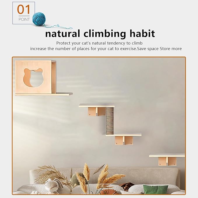 Cat Wall Shelves and Furniture Set with Condos, Perches, Bridge Ladders, Sisal Scratching Posts - Steps and Houses for Cats (C)