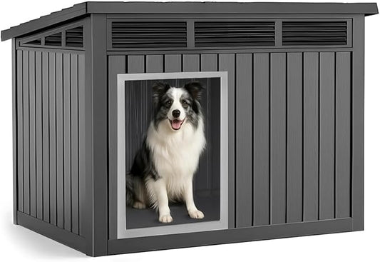 Dog House Indoor Outdoor,Resin Waterproof Puppy Shelter with Air Vents and Elevated Floor,Air Rod on Top to Open,Dog Kennel for Small to Medium Dogs(Black,32.2 * 25.12 * 24.13)