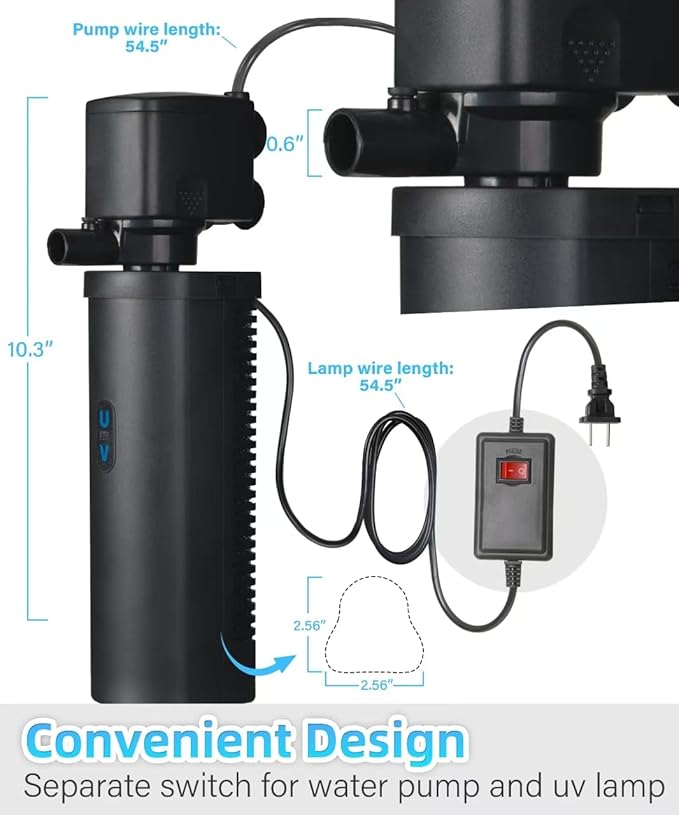 Goldfish Aquarium Filter U-Very Suitable for 20-75 Gallon Tank, 30 Gallon Fish Tank Water Filter for Green Water Control, Internal Submersible Pump Filtration System, Fish Filters for Aquariums