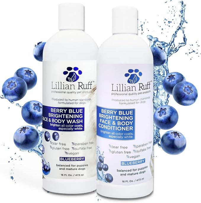 Lillian Ruff PRO Formula Berry Blue Brightening Dog Shampoo & Conditioner Set - Professional Show-Quality Whitening, Stain & Odor Eliminator, Hydrating Relief for Dry Skin, ProVitamin B5, USA Made