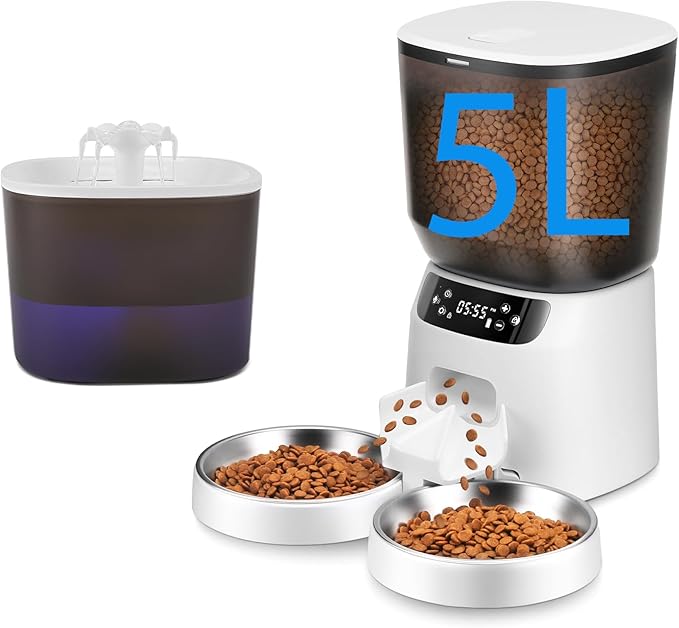 Automatic Cat Feeder and Water Fountain, 5L/20 Cups Timed Cat Dry Food Dispenser, 10s Meal Call, 20 Portions 6 Meals Per Day, 2L Cats Fountains for Drinking with Filter, Pet Feeder for Dog