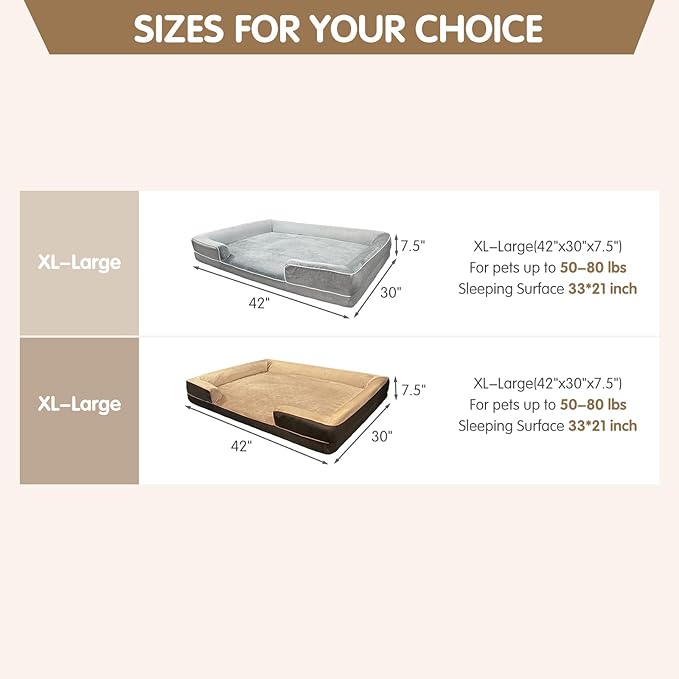 Dog Beds for Large Sized Dogs,Washable Orthopedic Memory Foam Dog Couch Sofa Bed with Bolster,Removable Cover,42x30Inch,Grey