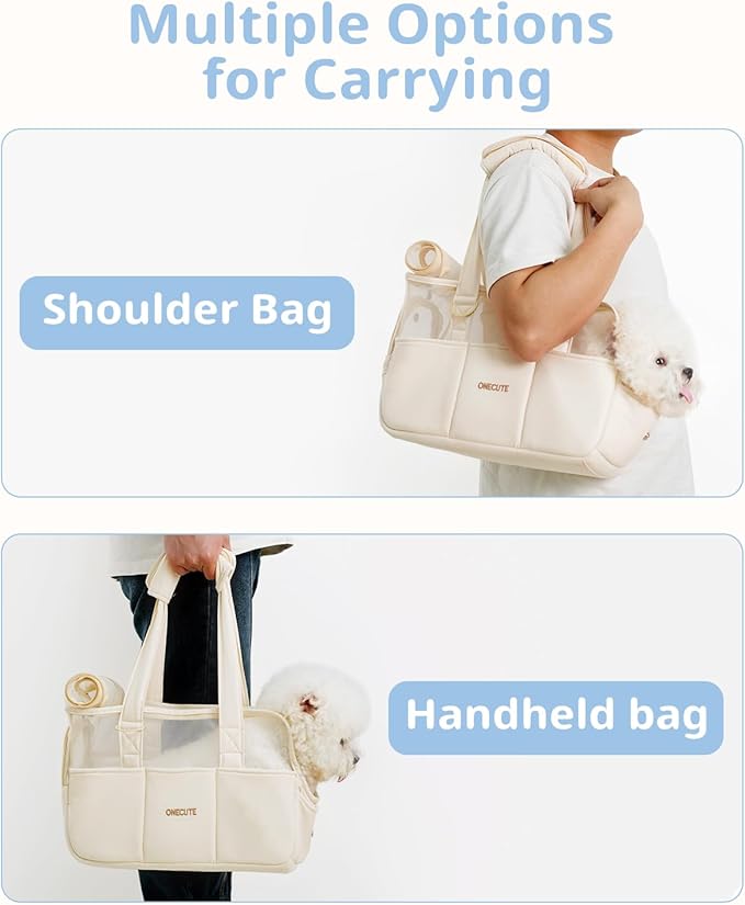 Dog Purse Carrier for Small Dogs Rabbit cat with Large Pockets, Cotton Bag, Dog Carrier Soft Sided, Collapsible Travel Puppy Carrier (Beige Breathable, 17.0" L x 7.5" W x 12.0" H)