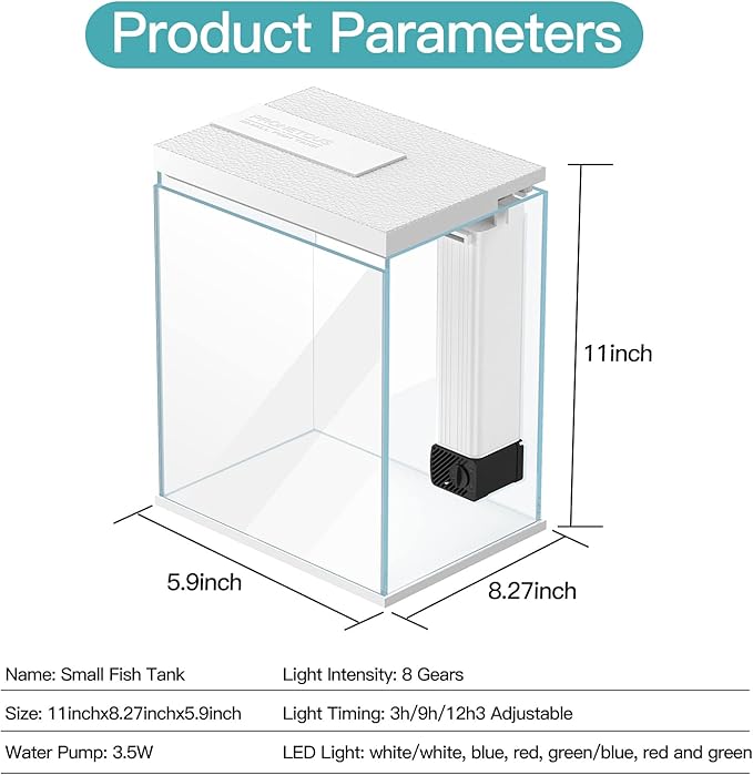 Betta Fish Tank, 2 Gallon Glass Aquarium Starter Kit, Small Fish Tank with Filter and Light.