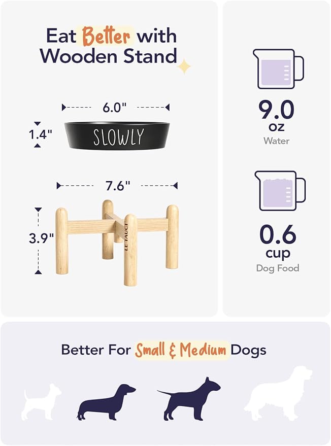 Ceramic Puzzle Slow Feeder Dog Bowl - 0.6 Cup Elevated with Wood Stand for Small Breeds, Black
