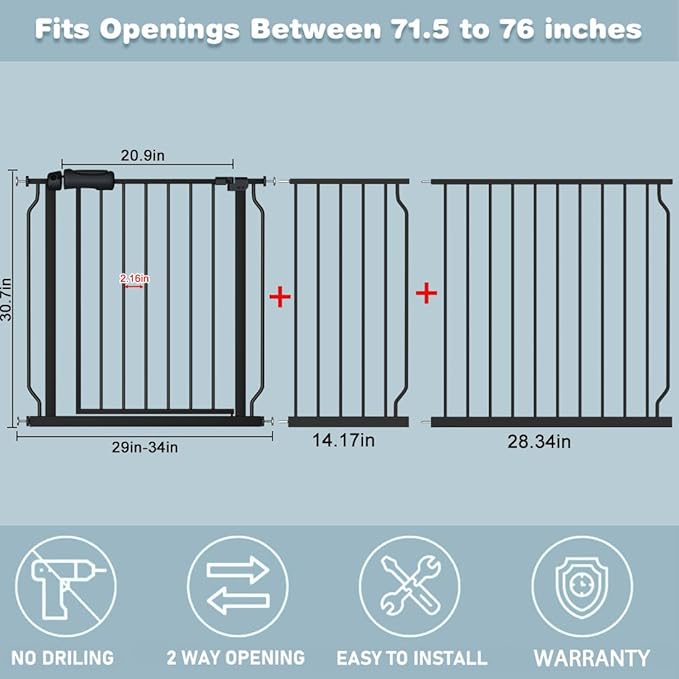 Extra Wide Baby Gate 71.6-76.37 Inch Black, Walk Through Pressure Mounted No Drill Long Large Tension Metal Gate for Dog and Toddler
