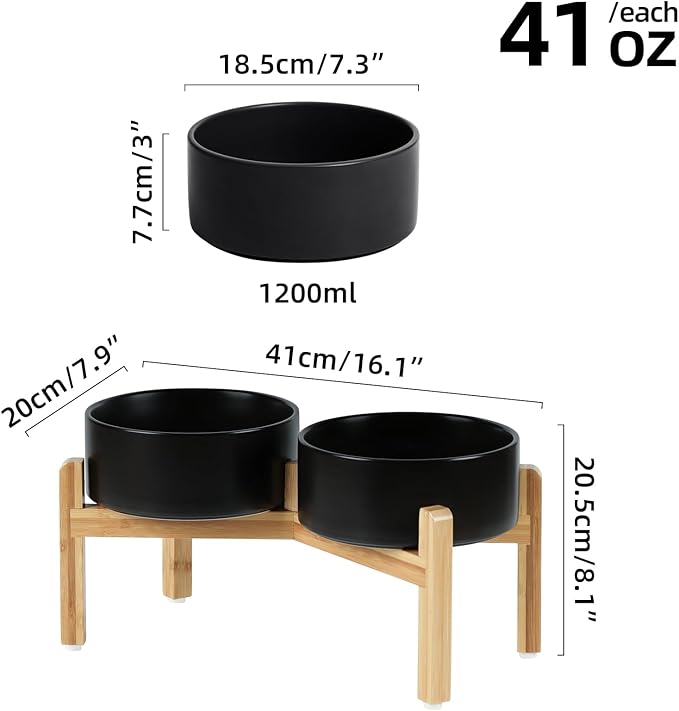 Ceramic Raised Double Bowls Set with Stand, Food & Water Bowls for Medium Breed Dogs, Weighted Dog Dishes, Pet Bowl(7.3'',41OZ, Black)