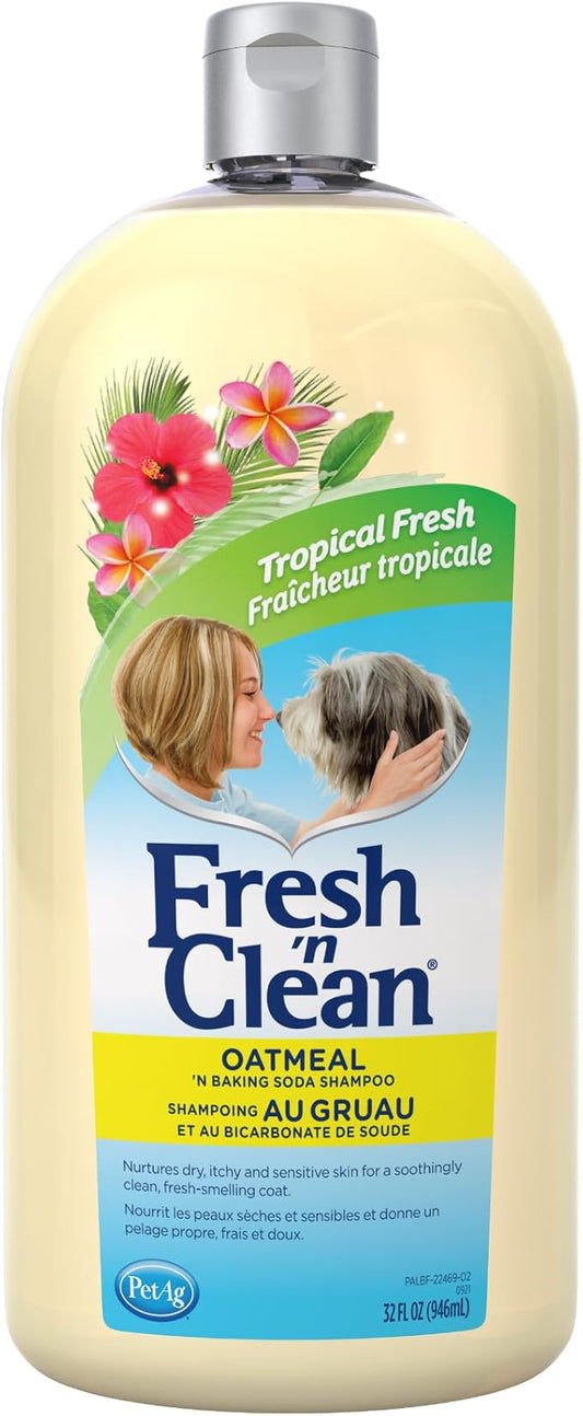 PetAg Fresh ’n Clean Oatmeal ’n Baking Soda Shampoo - Tropical Fresh Scent - 32 oz - Nurtures Dry, Itchy & Sensitive Skin with Vitamin E & Aloe - Strengthens & Repairs Coats - Soap Free