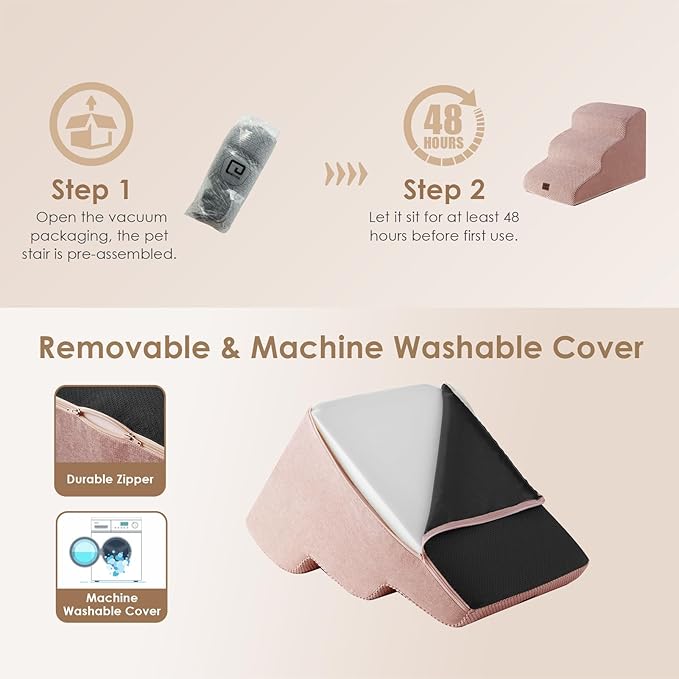 EHEYCIGA Curved Dog Stairs Ramp for Small Dogs 15.7" H, 3-Step Dog Steps for Couch Sofa and Chair, Pet Stairs for Cats, Non-Slip Balanced Pet Steps Indoor, Dusty Pink