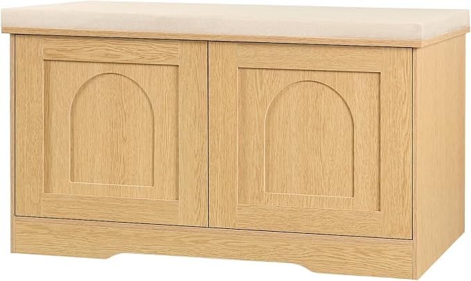 DINZI LVJ Shoe Bench, Entryway Storage Bench with Doors, Cushion, 2-Tier Shoe Rack with 6-Cubby, 31.5”L x 13.8”W Shoe Organizer Cabinet, Adjustable Shelf, Living Room, Bedroom, Natural