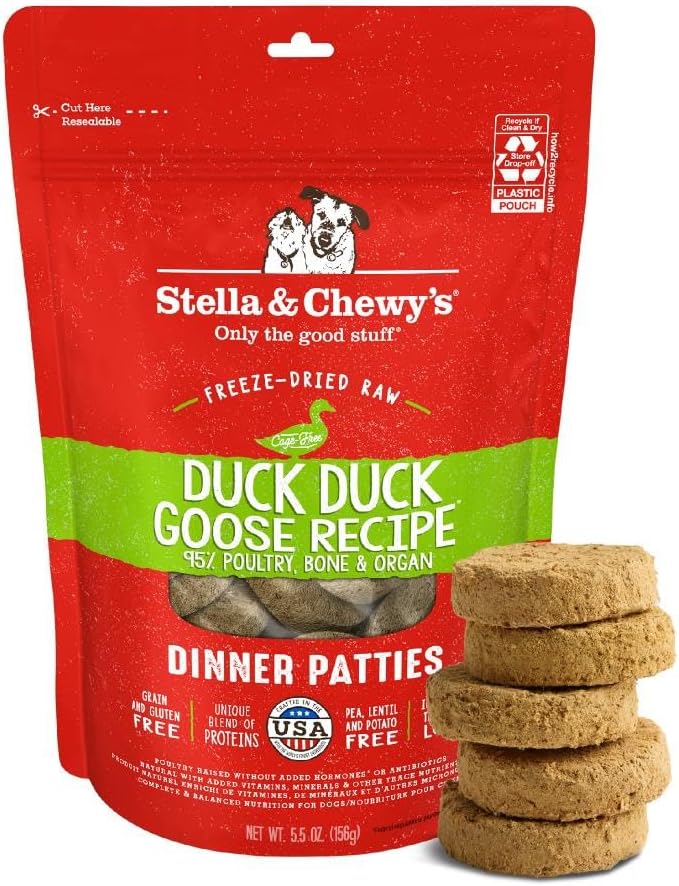 Stella & Chewy's Freeze-Dried Raw Dinner Patties - Duck Duck Goose Recipe - High Protein Grain-Free Puppy & Dog Food - Perfect For Picky Eaters - 5.5 oz