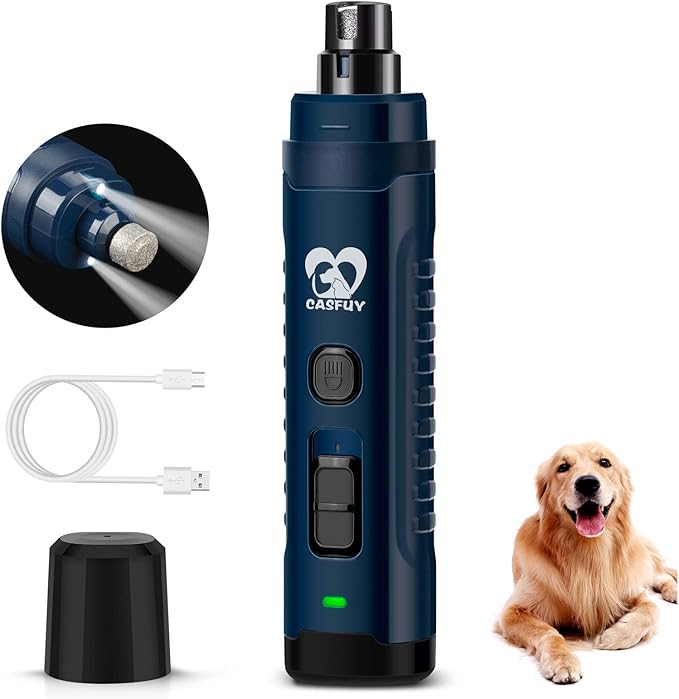 Casfuy Dog Nail Grinder with 2 LED Light - 4.8V Super Powerful 2-Speed Electric Pet Nail Trimmer for Medium Large Dogs Quiet Rechargeable Painless Paws Grooming & Smoothing Tool (Dark Blue)