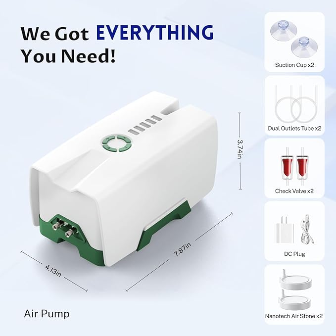 Ghosthorn Quiet AC/DC Aquarium Air Pump 12000mAh Battery Powered Aquarium Bubbler with 87 Hours Battery Life 2-Outlet Rechargeable Bait Aerator Adjustable Oxygen Pump, Power Outages and Emergency