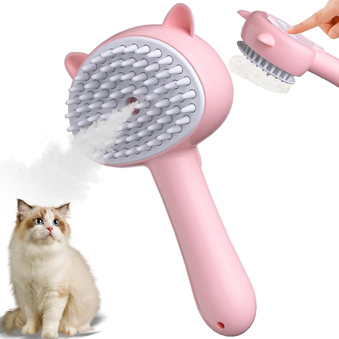 Cat Steam Brush for Shedding, 4 in 1 Steamy Cat Comb with Handle, Rubber Pet Misting Brush with Release Button for Indoor Kittens Small Animals(Pink)