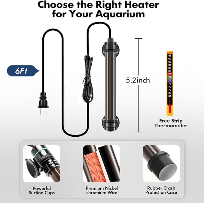 Orlushy 25W Submersible Small Fish Tank Heater with Free Thermometer, Preset Temperature 78℉ Aquarium Heater for 1-5 Gallon Freshwater & Saltwater Tank