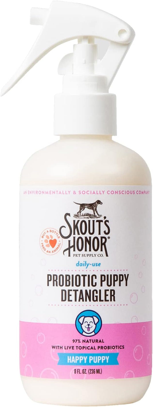 Skout's Honor Pet Detangler Spray - Hydrating & Conditioning with Avocado Oil & Probiotics, 97% Natural, Paraben & Sulfate-Free, softens for a More brushable Coat, Daily Use, 8oz, Happy Puppy