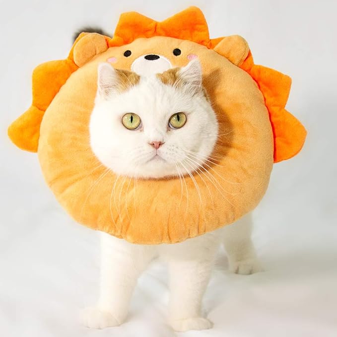 Adjustable Cat Recovery Collar Soft,Cute Pet E-Collar Neck Cone After Surgery Wound Healing Protective Cone Fit for Kitties, Small Dogs(ELC05-lion-l)