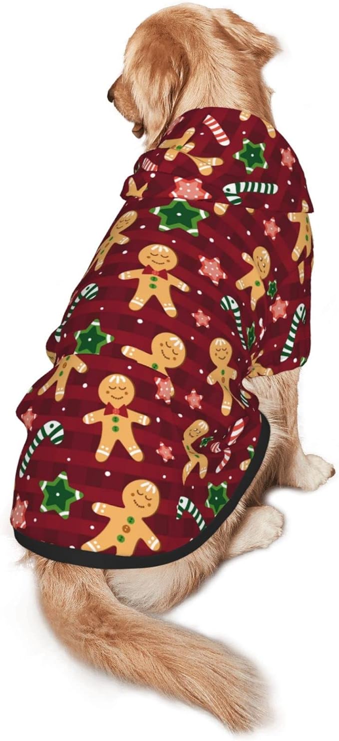 Christmas with Gingerbread Men, Candies Hoodie,Christmas Cosplay Dog Clothes with Pocket and Hat Winter Clothes Sweaters Large