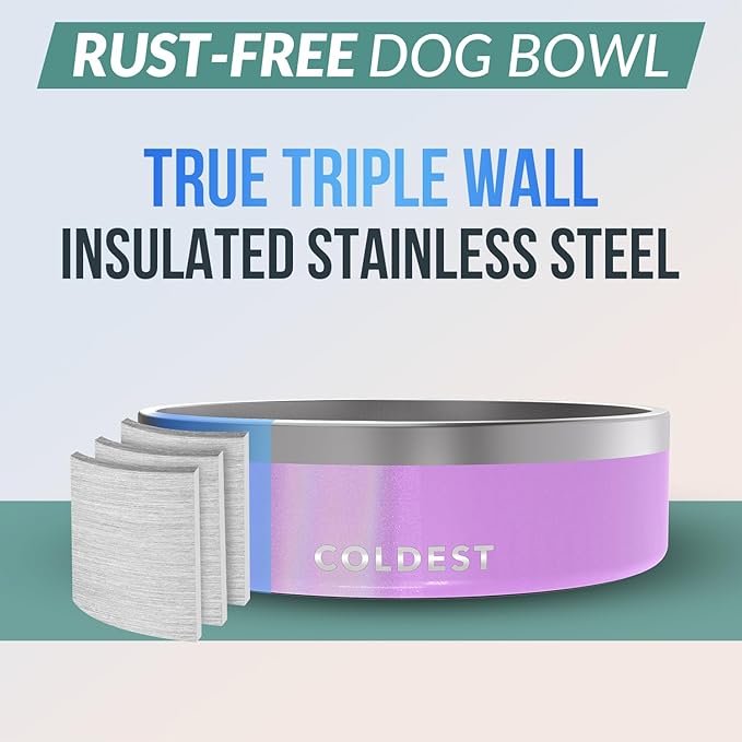 Coldest Dog Bowl - Anti Rust Metal, Non Slip, 3 Layers Insulated Stainless Steel Dog Bowls - Spill Proof & Heavy Duty - Water Bowl for Dogs, Cats, Dish Washer Safe (42 oz, Saturns Purple Glitter)