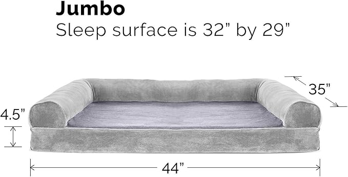 Furhaven Orthopedic Dog Bed for Large Dogs w/ Removable Bolsters & Washable Cover, For Dogs Up to 95 lbs - Faux Fur & Velvet Sofa - Smoke Gray, Jumbo/XL