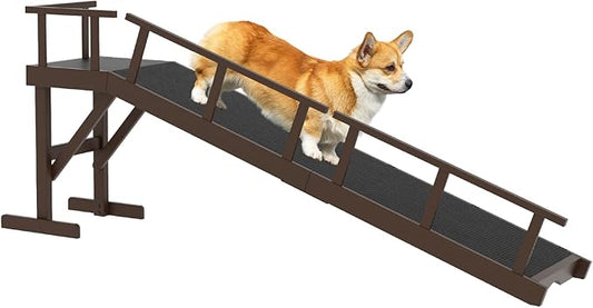 73" Dog Ramp for Bed, Pet Ramp with Removable Side Rail and Non-Slip Surface, Pet Ramp for Small & Large & Senior Dogs with Rest Platform and DIY Glow Strips,Dog Stairs for Couch, Brown