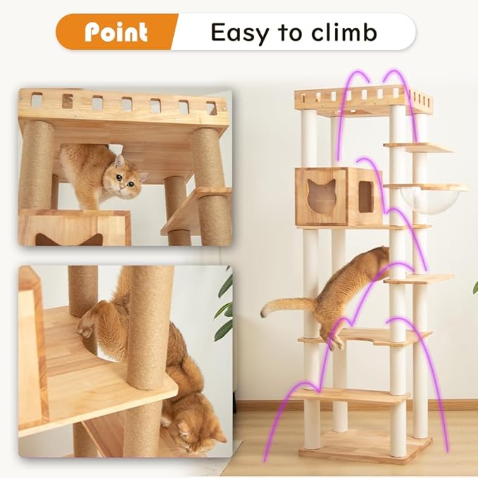 74.8" Wooden Cat Tree Tower for Large Cats, Multi-Level Cat Climbing Furniture with Scratching Posts, Cat Condo & Hammock, Natural Wood Cat Activity Center (White)