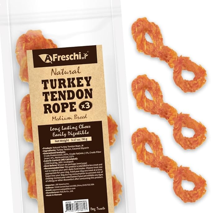 Afreschi Turkey Tendon Rope (M) 3.17 oz, USA-Sourced Turkey Tendon, All Natural Human Grade Dog Chew, Hypoallergenic, Rawhide Alternative, Dog Treats for Medium Breeds