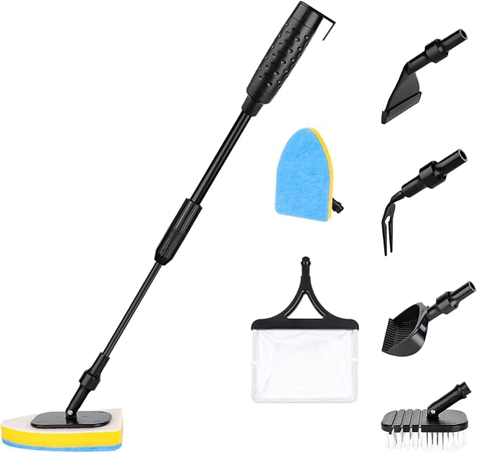 AQQA Aquarium Cleaning Tools Multifunctional 6-in-1 Fish Tank Cleaning Kits with Telesopic Handle Alage Scraper Sponge Scrubber Stiff Brush Plant Fork Gravel Rake Fish Net