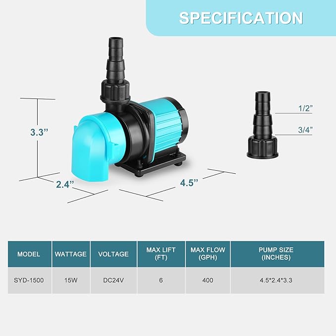 400GPH Aquarium Return pump with LCD display controller, 15W DC 24V aquarium pump for saltwater freshwater aquarium,fish tank,sump,20 speeds ECO Quiet Submersible and inline pump